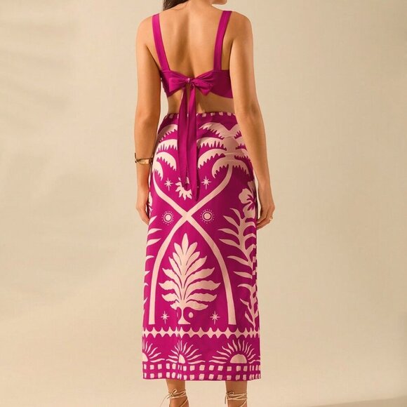 Hot Pink Boho Women's Coconut Print Cropped Cami Top And Fitted Maxi Skirt Set - Picture 2 of 7